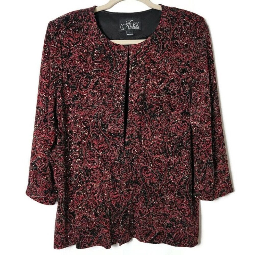 Alex Evenings Sparkly Paisley Stretchy Cocktail Party Open Front Jacket Blazer L